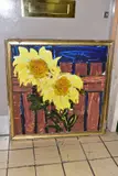 An early study of sunflowers against a fence by Bill Tolley, oil on board, sold Mar 2022