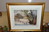 A fly fisherman wading in a tree lined river by Sam Garratt, watercolour on paper, sold Mar 2022