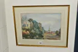 A view of a river leading to a village beyond by Sam Garratt, watercolour on paper, offered Mar 2022