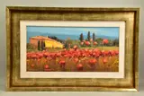 an Italian farmhouse beyond a field of red flowers, signed bottom right, by Bruno Tinucci, 2008, oil on canvas, sold Feb 2022