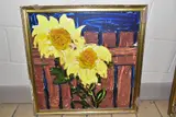 An early study of sunflowers against a fence by Bill Tolley, oil on board, offered Feb 2022