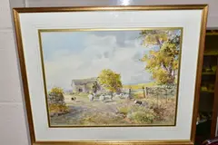 a pastoral scene of a shepherd and his flock in a rural by Michael Crawley, watercolour on paper, sold Feb 2022