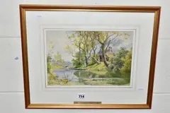 a 20th Century English School river landscape, signed by Ernest William Haslehust, watercolour on paper, sold Feb 2022