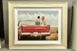 'LOOKING OUT TO SEA', figures leaning against a classic American car ( by Mark Spain, oil on canvas, sold Jan 2022