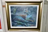 Leopard reclining at dusk by Rolf Harris, print, sold Jan 2022