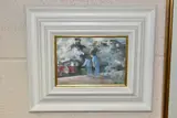 'Steam Up and Ready to Go', figures on a station platform beside a by Bernard Batchelor, 1984, oil on board, sold Dec 2021