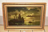 A moonlight coastal scene with a paddle steamer and figures by Carl Bille, oil on canvas, sold Dec 2021