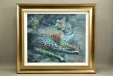 Leopard reclining at dusk by Rolf Harris, print, offered Dec 2021