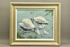 Swans and cygnets by Fred Aris, oil on canvas board, sold Dec 2021