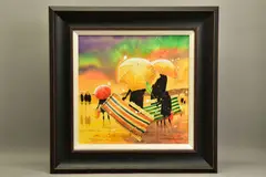 'WHERE SHALL WE SIT', figures on a beach in the rain, signed by Peter J. Rodgers, watercolour on paper, sold Dec 2021