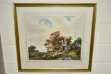 A pastoral landscape with ruined castle beside a river by Donald Ayres, watercolour on paper, offered Dec 2021