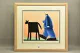 Black dog with mr stevenson by Mackenzie Thorpe, print, sold Dec 2021