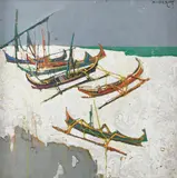 Boats on a shore Signed and dated 76 ROEDYAT by Roedyat Martadiredja, Oil on canvas, offered Dec 2021