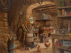 In the Forge Signed E by Edward Hersey, Oil on canvas, sold Dec 2021