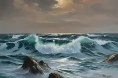 Choppy sea under a moonlit sky Signed Peter Cosslett by Peter Cosslett, Oil on board, sold Dec 2021