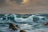 Choppy sea under a moonlit sky Signed Peter Cosslett by Peter Cosslett, Oil on board, sold Dec 2021
