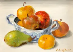 Still life with fruit and a blue and white bowl by John Codner, oil on board, sold Dec 2021