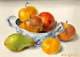 Still life with fruit and a blue and white bowl by John Codner, oil on board, sold Dec 2021