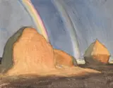 Strawstacks under a rainbow Signed G by George Clausen, Watercolour, sold Dec 2021