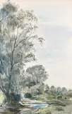 Landscape with cows grazing by a river Signed Beaton by Cecil Beaton, Pencil and watercolour, sold Dec 2021