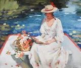 Lady reading aboard a boat Signed NOUKALO by Nadejda Noukalo, Oil on canvas, sold Dec 2021