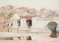 View of a bridge over a river by Averil Burleigh, Pencil and watercolour, sold Dec 2021