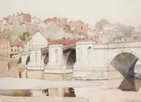 View of a bridge over a river by Averil Burleigh, Pencil and watercolour, sold Dec 2021