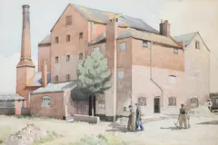 Figures outside of Tewkesbury Mill Pencil and by Veronica Burleigh, Pencil and watercolour, offered Dec 2021