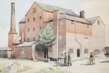 Figures outside of Tewkesbury Mill Pencil and by Veronica Burleigh, Pencil and watercolour, offered Dec 2021