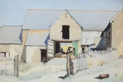 View of a barn with farmworkers inside Signed VERONICA BURLEIGH by Veronica Burleigh, Pencil and watercolour, sold Dec 2021