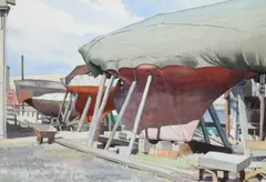 View of a boatyard Signed VERONICA BURLEIGH by Veronica Burleigh, Pencil and watercolour with scratching out, sold Dec 2021