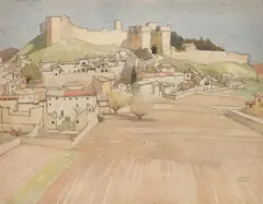 European landscape with a village at the foot of a castle Signed by Veronica Burleigh, Pencil and watercolour, sold Dec 2021