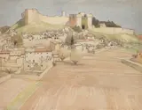 European landscape with a village at the foot of a castle Signed by Veronica Burleigh, Pencil and watercolour, sold Dec 2021