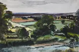 Extensive hilly landscape with fields Signed and dated Meninsky 26 by Bernard Meninsky, Watercolour, sold Dec 2021
