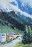 Mountain landscape with houses by a river Signed W Dewhurst by Wynford Dewhurst, Pastel, offered Dec 2021