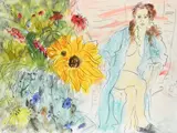 Female nude seated next to a sunflower Signed Edward Piper by Edward Piper, Watercolour, bodycolour, pastel, chalk and pencil, sold Dec 2021