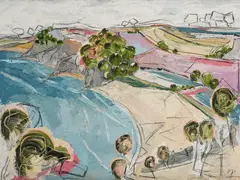 Jurassic Coast seascape Signed with initials ML by Max Leuchars, Oil and charcoal on canvas, offered Dec 2021