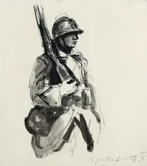 A soldier on parade on Bastille Day Signed with initials by Feliks Topolski, Pen and black ink, and wash, sold Dec 2021