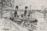Paris: Le Pont des Arts with Tugboats Etching and aquatint 12 by Paul Signac, Etching and aquatint, sold Dec 2021