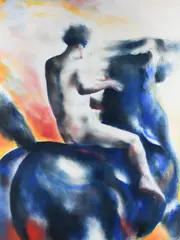 Horse and rider Signed and dated Lin Jammet '89 by Lin Jammet, Mixed media on paper, sold Dec 2021