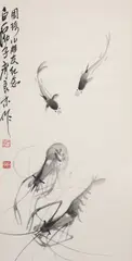 FISH AND SHRIMPS A Chinese painting by Qi Liangmo, ink on paper, sold Nov 2021