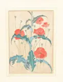 Red Poppies painting on silk by Alfred Powell, pencil, sold Aug 2021