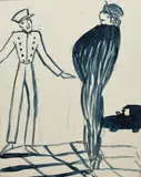Welcome an ink on paper study of a doorman welcoming a lady in by Dorte Clara Dodo Burgner, ink on paper, sold Aug 2021