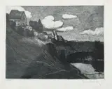 Buildings on a river bank by Eugen Kirchner, etching on paper, sold Aug 2021