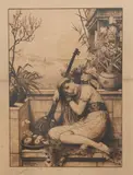 Portrait of a girl with a Sitar by William Stephen Coleman, etching on paper, sold Aug 2021