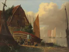 Coastal scene with a fisherman and his dog Oil by Joseph Stannard, Oil on panel, sold Aug 2021