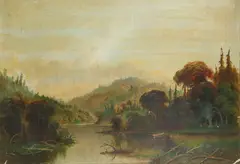 Canadian river landscape with figures around a campfire by Daniel Charles Grose, oil on canvas, sold Aug 2021
