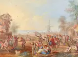 Strolling players in a village square by Louis-Nicolas Van Blarenberghe, oil on paper, offered Aug 2021