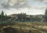 Figures harvesting in a hay field Indistinctly by Hippolyte Joseph Lequeutre, Oil on board, sold Aug 2021