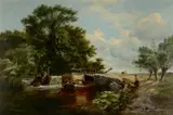 Figures by a lock on the River Ouse Signed and dated E Boddington by Edwin Henry Boddington, Oil on canvas, sold Aug 2021